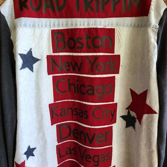 Upcycled Denim Road Trip Shirt: Patchwork Stars, Waffle Knit Sleeves (Unisex XL) - Picture 11 of 12